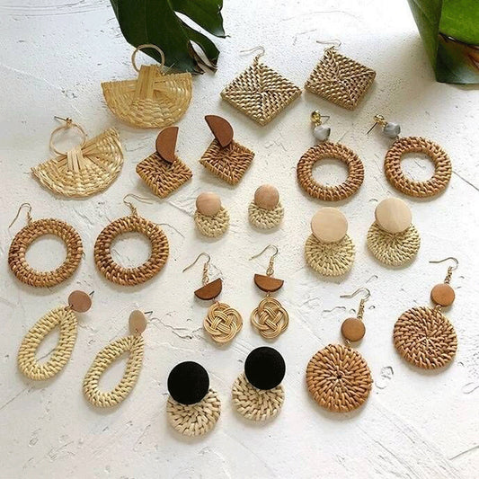 Geometric & round earrings made of rattan - wood in boho style