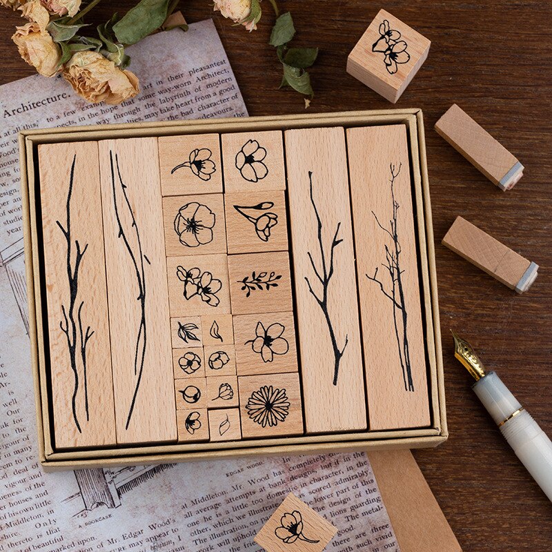 20 Wildblumen Stempel Set aus Holz "HOBU"