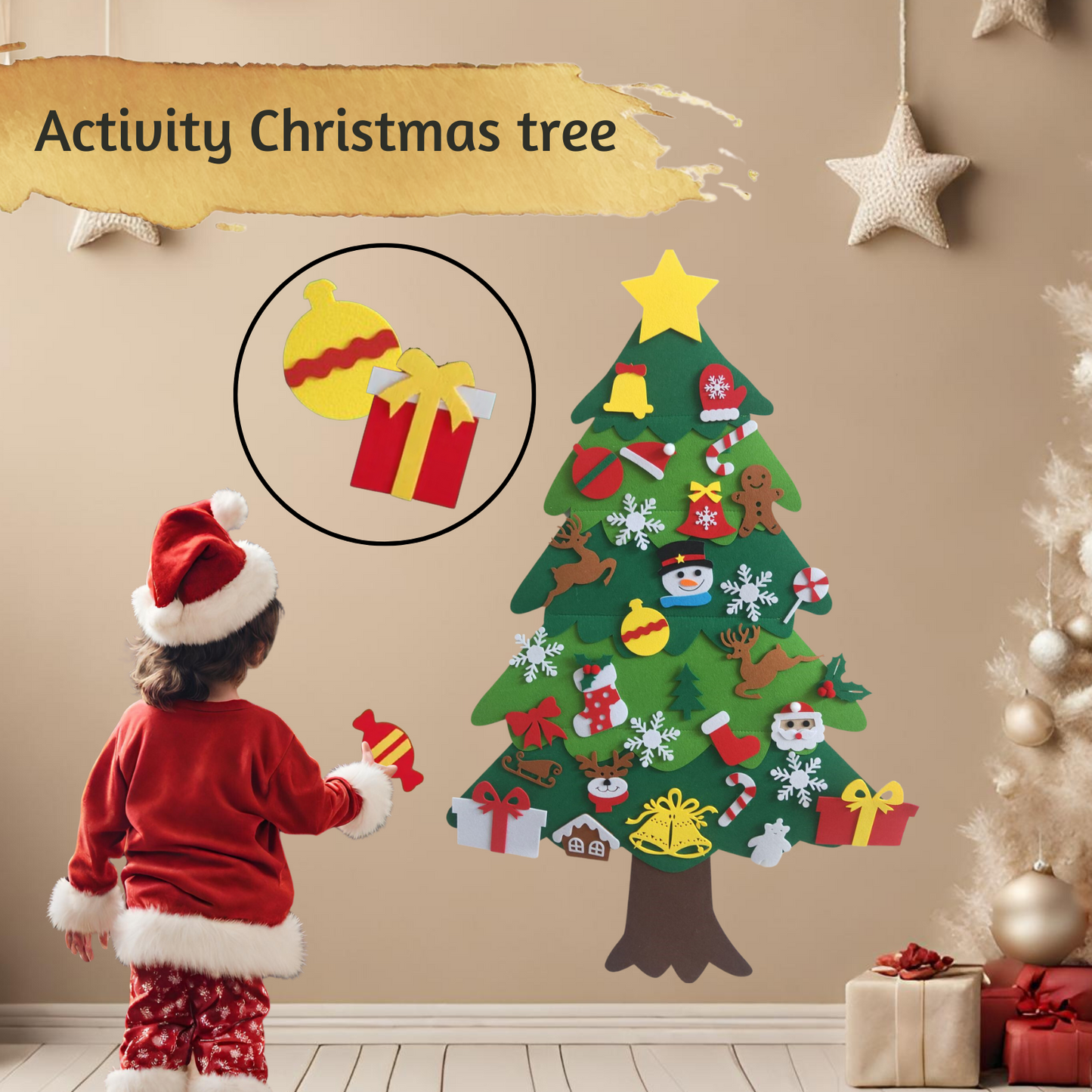 Filz Deko Tannenbaum, Weihnachten, Baum mit 25-32 verschiedene Klett Elemente zum anheften, ankletten, Christmas Tree Felt Deco Activity
