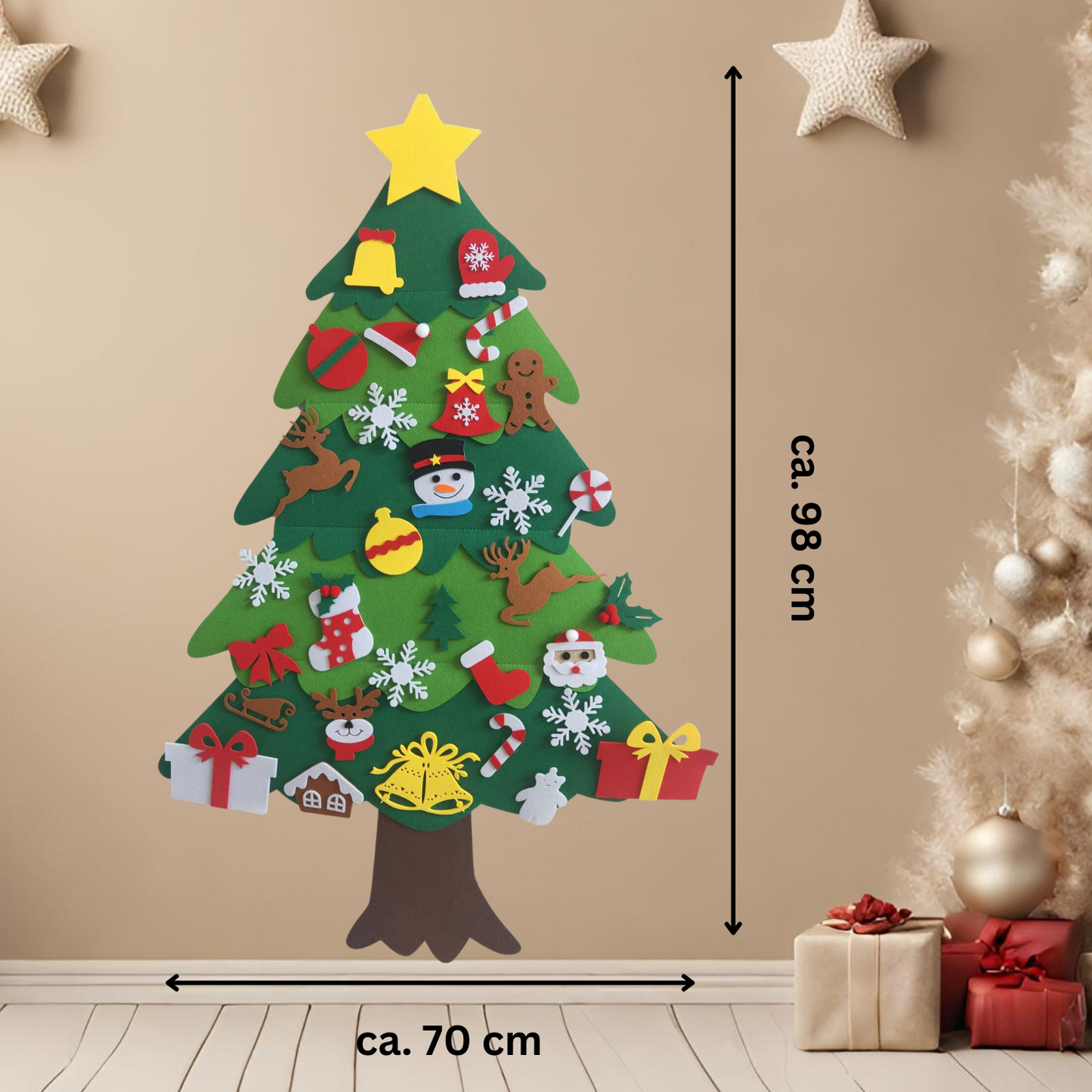 Filz Deko Tannenbaum, Weihnachten, Baum mit 25-32 verschiedene Klett Elemente zum anheften, ankletten, Christmas Tree Felt Deco Activity