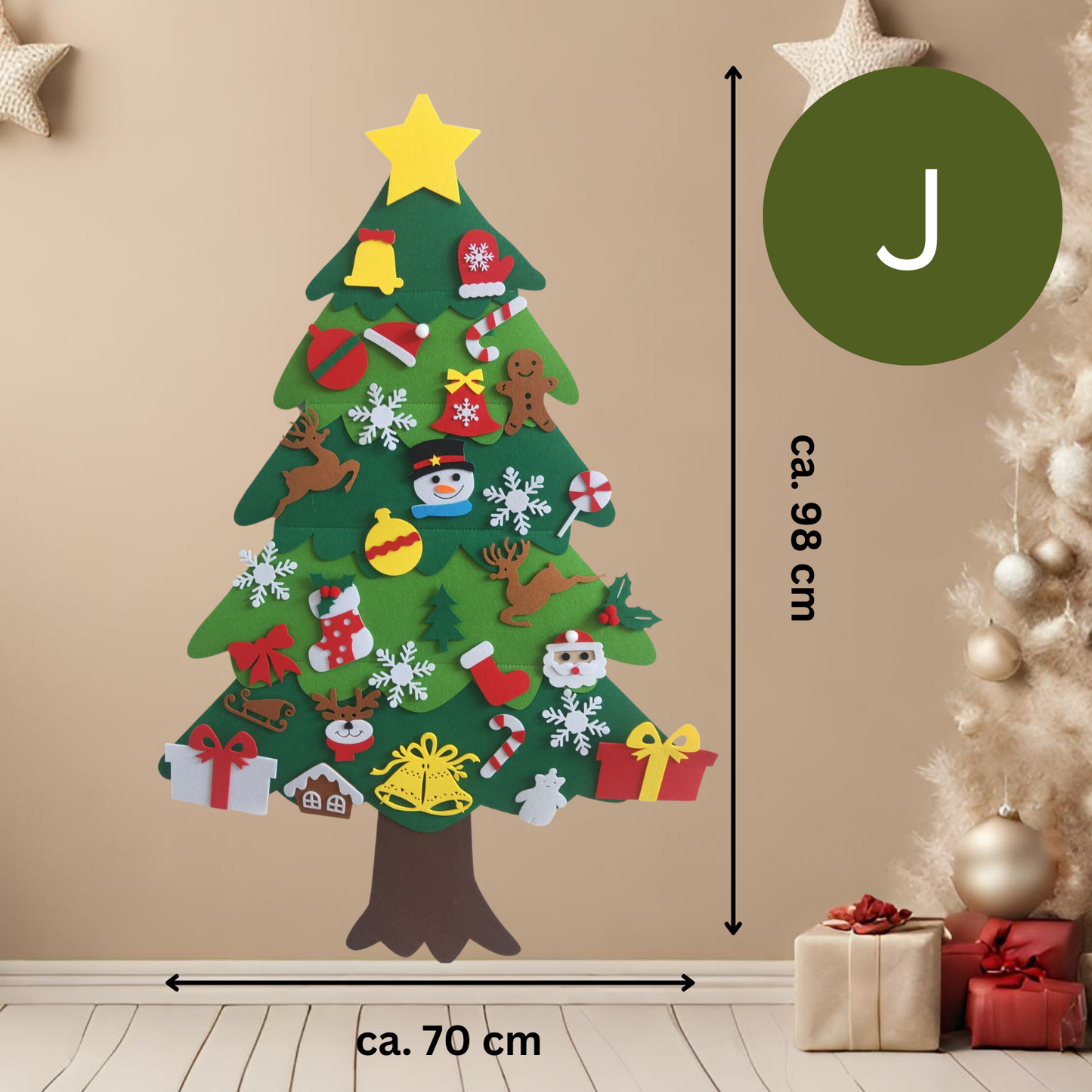 Filz Deko Tannenbaum, Weihnachten, Baum mit 25-32 verschiedene Klett Elemente zum anheften, ankletten, Christmas Tree Felt Deco Activity