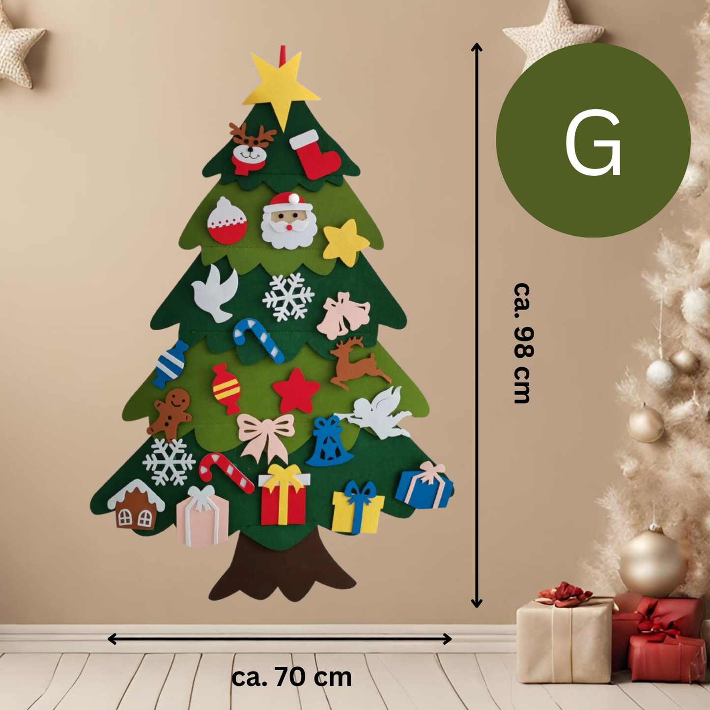 Filz Deko Tannenbaum, Weihnachten, Baum mit 25-32 verschiedene Klett Elemente zum anheften, ankletten, Christmas Tree Felt Deco Activity