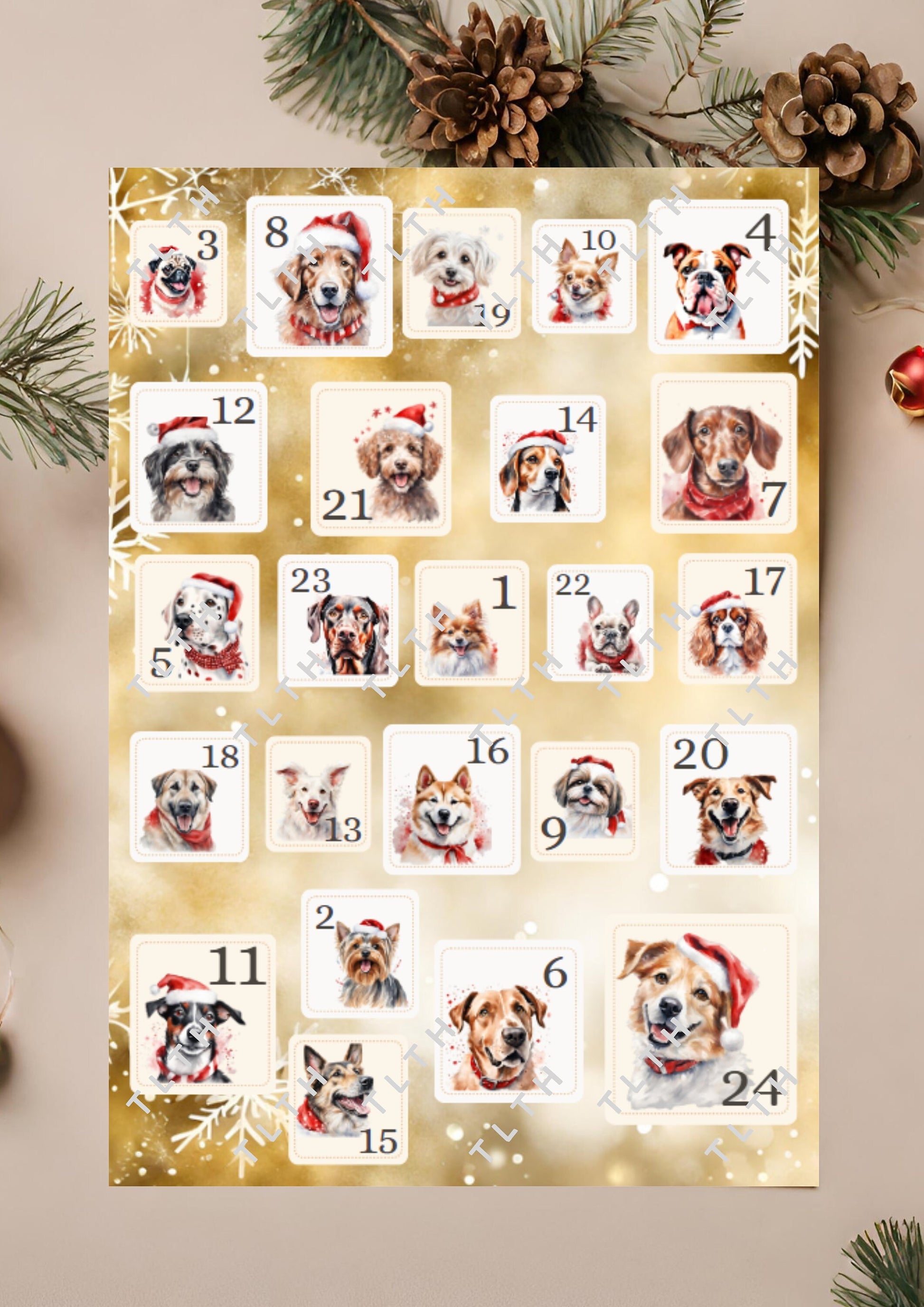 DIY Adventskalender Hunde, Tags, Etiketten, Bastel- Vorlage, Zahlen, Deko, Geschenk, Christmas Calendar Watercolor Craft (DIGITAL DOWNLOAD)