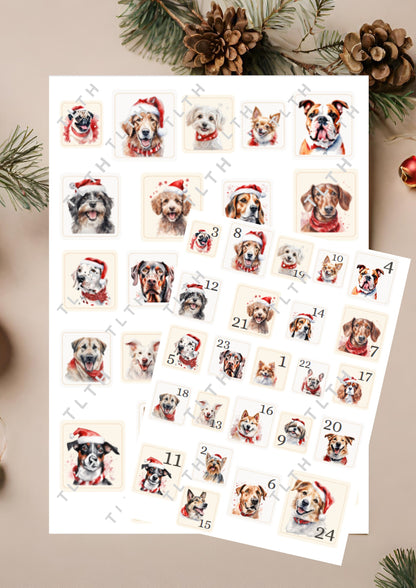 DIY Adventskalender Hunde, Tags, Etiketten, Bastel- Vorlage, Zahlen, Deko, Geschenk, Christmas Calendar Watercolor Craft (DIGITAL DOWNLOAD)