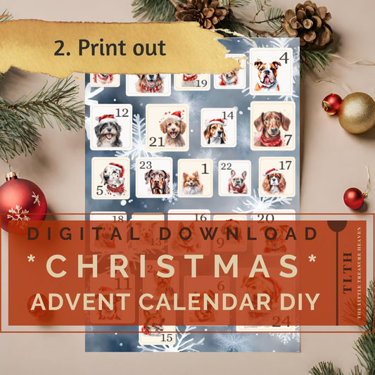 DIY Adventskalender Hunde, Tags, Etiketten, Bastel- Vorlage, Zahlen, Deko, Geschenk, Christmas Calendar Watercolor Craft (DIGITAL DOWNLOAD)