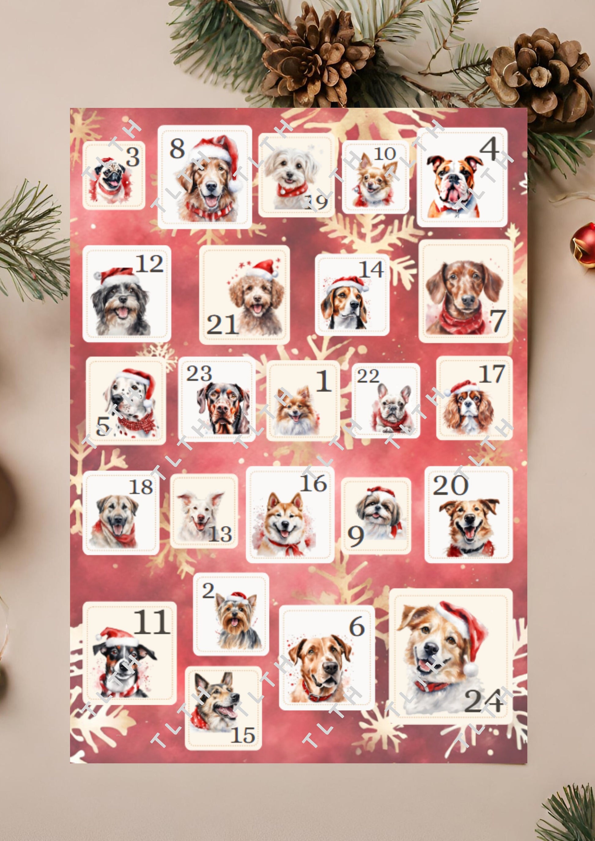 DIY Adventskalender Hunde, Tags, Etiketten, Bastel- Vorlage, Zahlen, Deko, Geschenk, Christmas Calendar Watercolor Craft (DIGITAL DOWNLOAD)