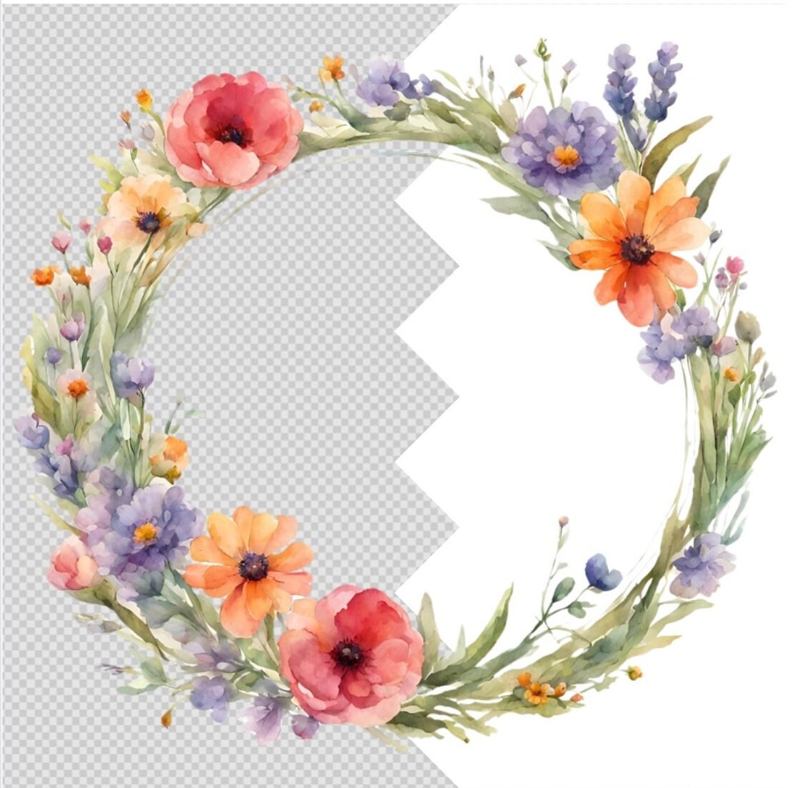 Wild Feld Blumen Rahmen Kranz - Einladung- Party- Hochzeit- Ostern- Valentinstag- Label Digitale Clipart PNG Tags, Bastel Vorlage (DOWNLOAD)