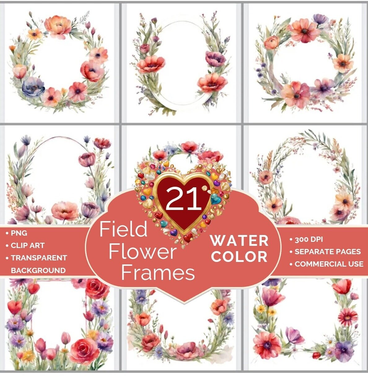 Wild Feld Blumen Rahmen Kranz - Einladung- Party- Hochzeit- Ostern- Valentinstag- Label Digitale Clipart PNG Tags, Bastel Vorlage (DOWNLOAD)