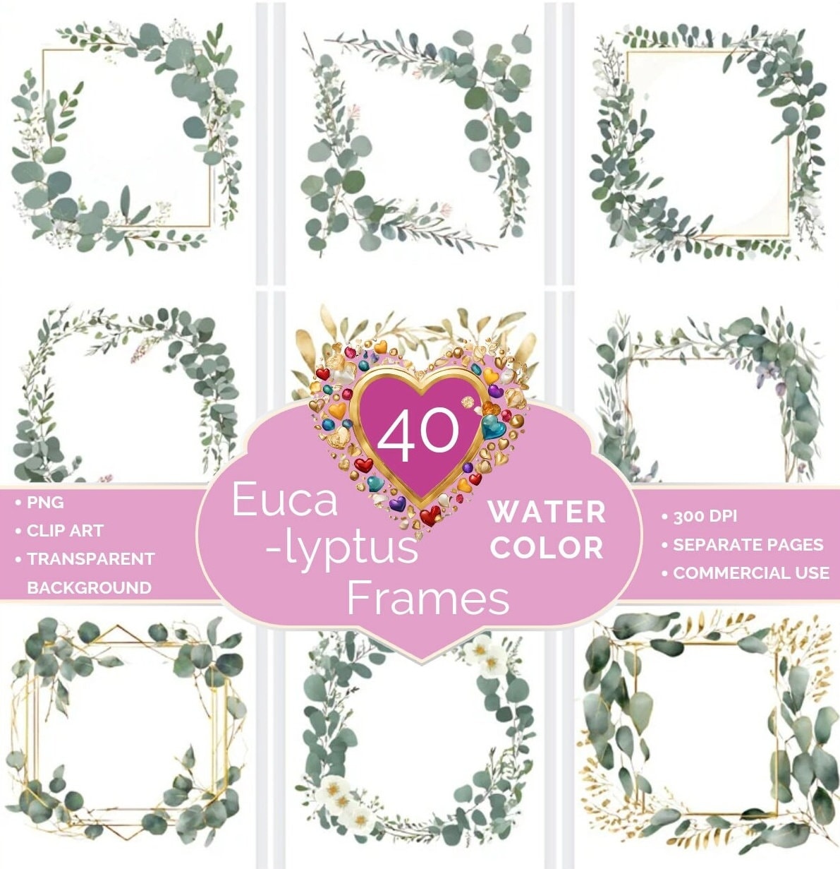 Eucalyptus Flower Frame, Einladung, Party, Hochzeit, Ostern, Valentinstag, Digitale Clipart PNG Tag, Bastel Vorlage Rahmen, 300 DIP DOWNLOAD