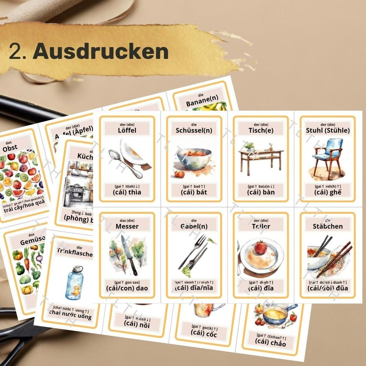 Lernkarten Deutsch - Vietnamesisch - Rund ums Essen - Zweisprachig lernen Flashcards - Học Tiếng Đức - Tiếng Việt