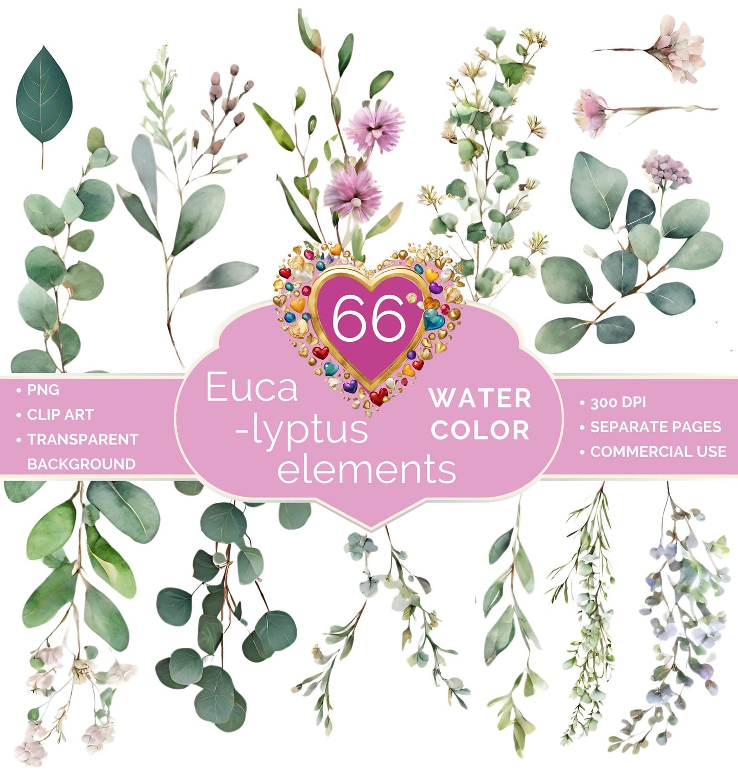 Eucalyptus Flower Elements, Einladung, Party, Hochzeit, Ostern, Valentinstag, Digitale Clipart PNG Tags, Bastel Vorlage, 300 DIP DOWNLOAD