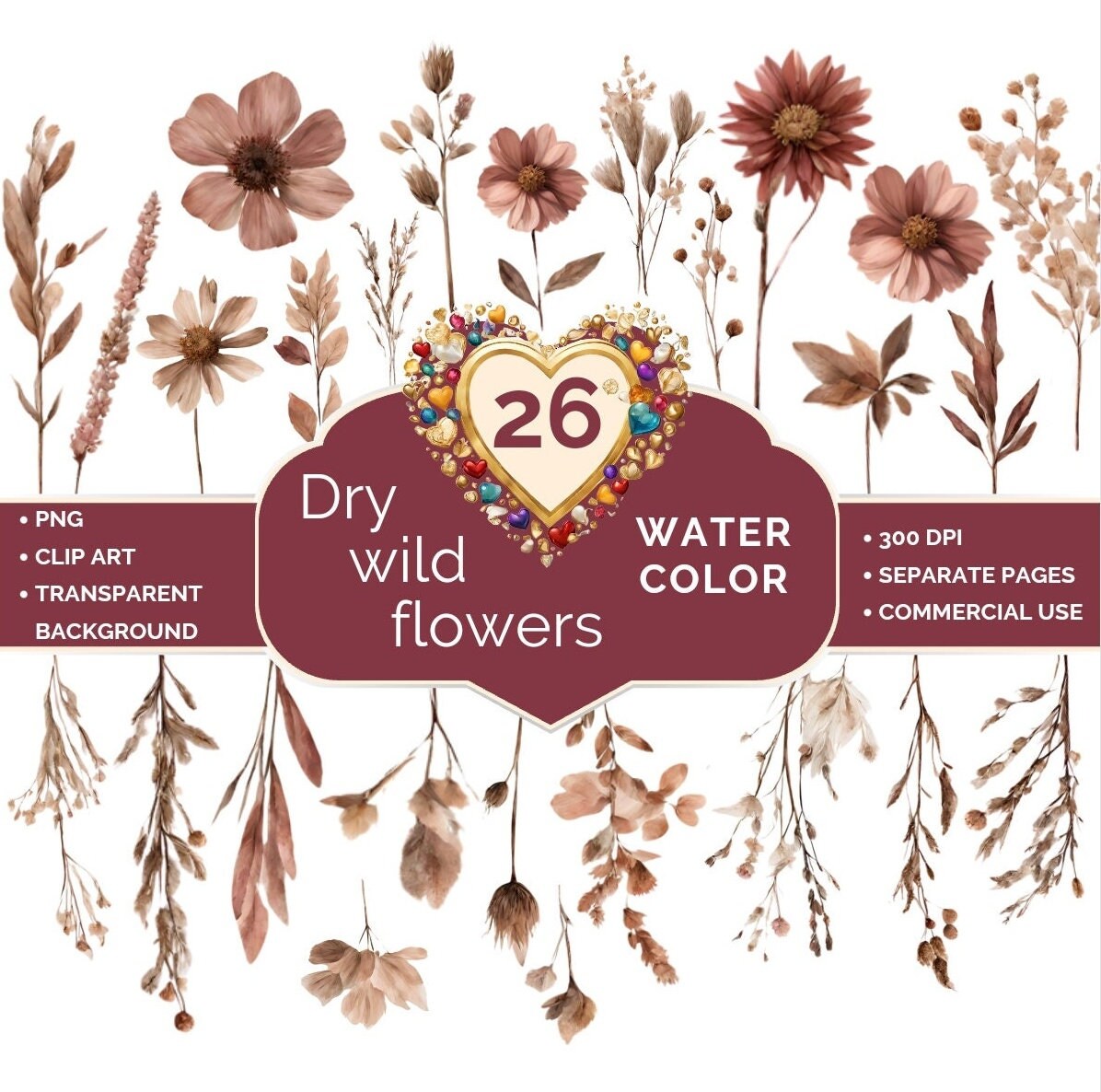 Wildblumen Clipart, Getrocknete Pflanzen, Herbst, Blumen, Einladung, Party, Hochzeit, Valentinstag, Digital PNG, Vorlage, 300 DIP DOWNLOAD