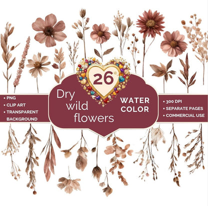 Wildblumen Clipart, Getrocknete Pflanzen, Herbst, Blumen, Einladung, Party, Hochzeit, Valentinstag, Digital PNG, Vorlage, 300 DIP DOWNLOAD