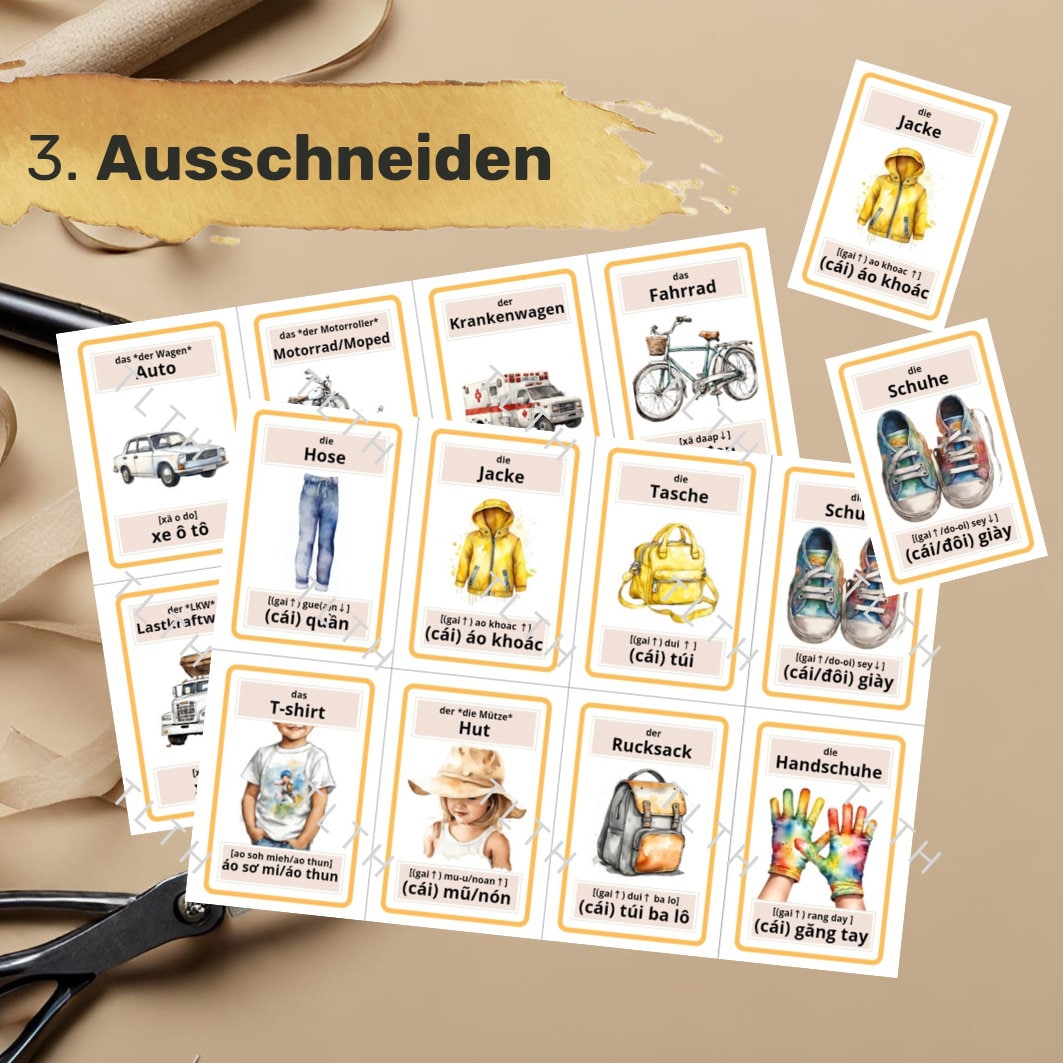 Lernkarten Deutsch - Vietnamesisch - Kleidung und Fahrzeuge - Zweisprachig lernen Flashcards - Học Tiếng Đức - Tiếng Việt - quần áo và xe cộ