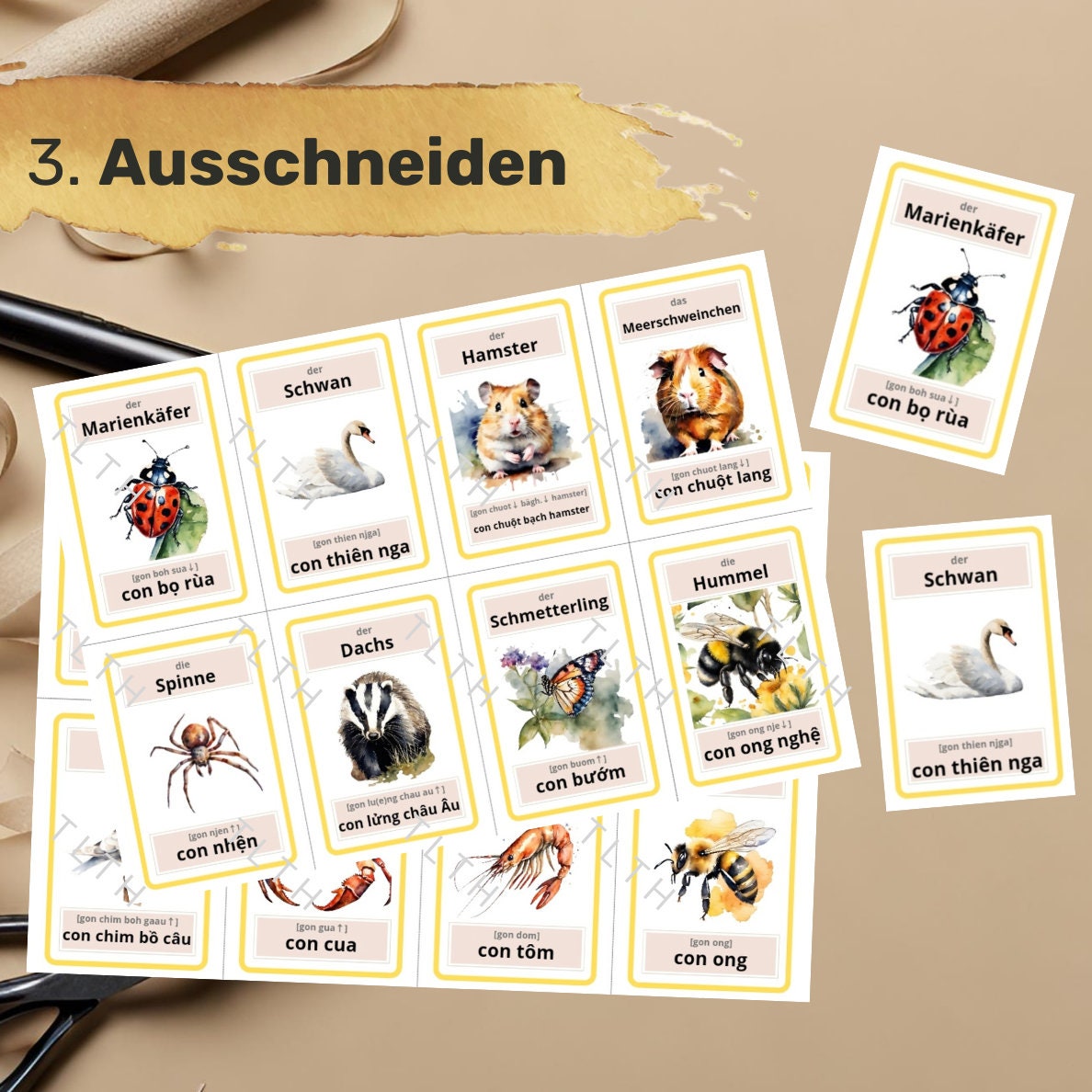 Lernkarten Deutsch - Vietnamesisch - Erste Tiere - Zweisprachig lernen Flashcards - Học Tiếng Đức - Tiếng Việt - con vật đầu tiên